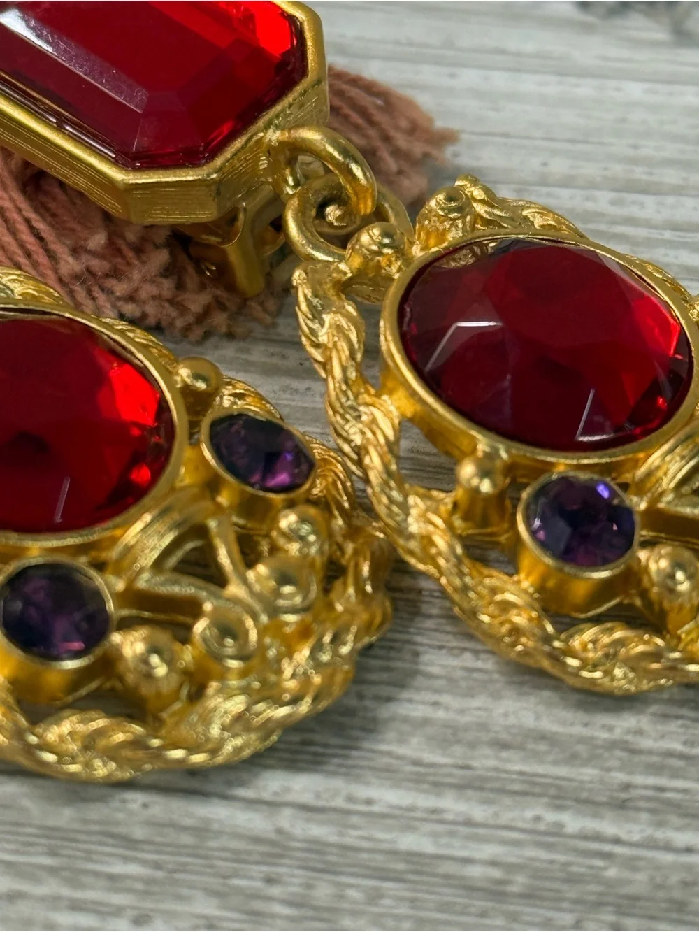 Vintage 90’s Gold-Tone Red Crystal Drop Clip-On Earrings